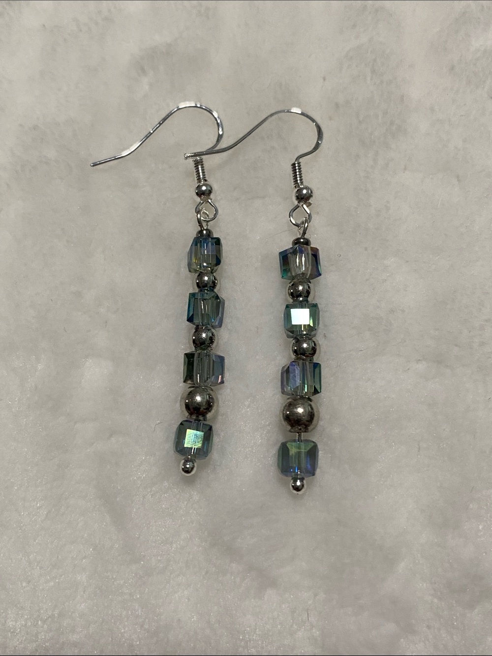 Iridescent Blue-Green Cube Drop Earrings with Silver Accents